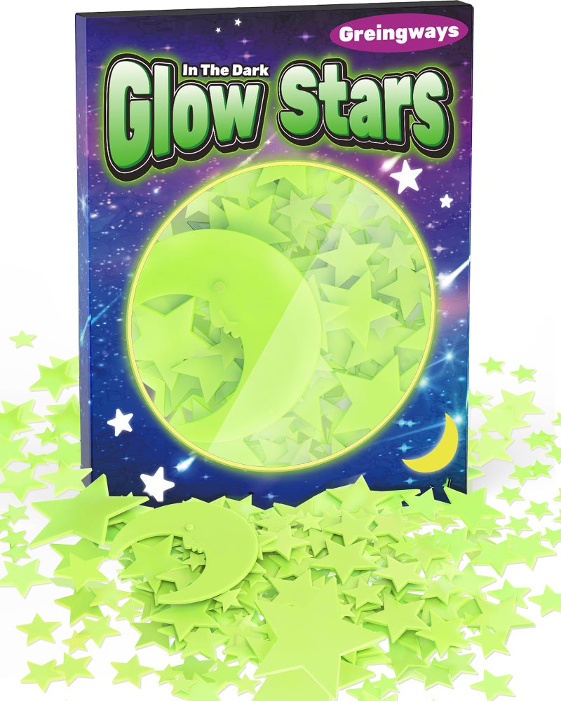 Greingways 201 Pcs Glow in The Dark Stars Stickers for Ceiling Bedroom, Stocking Stuffers for Kids Ages 3-5, 4-8, 8-12, Boys Girls Room Decor Wall Stickers Easter Basket Stuffers for Toddler - Green - Image 1