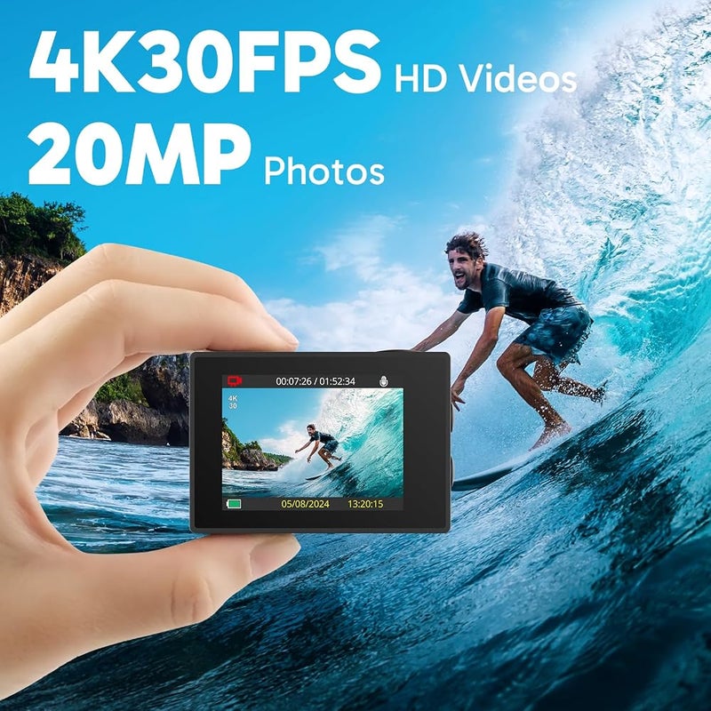 AKASO EK7000 4K30FPS 20MP WiFi Action Camera with EIS Ultra HD 131FT Waterproof Underwater Camera Remote Control 4X Zoom Support External Microphone - Image 2