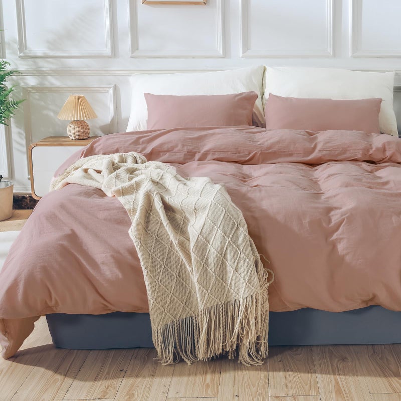 NEXHOME PRO مجموعة غطاء لحاف Nexhome Pro Setge Queen 98 "" x98 "LONE LOON Orgenic Natural Natural 100 ٪ غطاء لحاف القطن المغسول 3 قطع الفراش مجموعة السوستة إغلاق تنفس الوردي الناعم (بدون المعزي) - Image 2