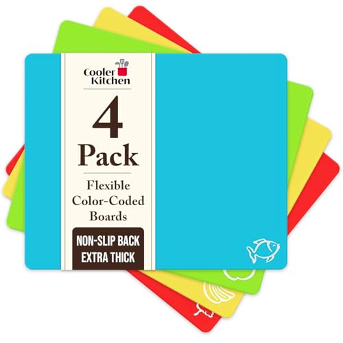 Cooler Kitchen 4 Piece Flexible Plastic Cutting Boards for Kitchen, BPA Free Plastic Cutting Mats For Kitchen - Extra Thick Chopping Mats - Each Board Mat Color Coded with Food Icons - Non Slip Back Dishwasher Safe - Image 1