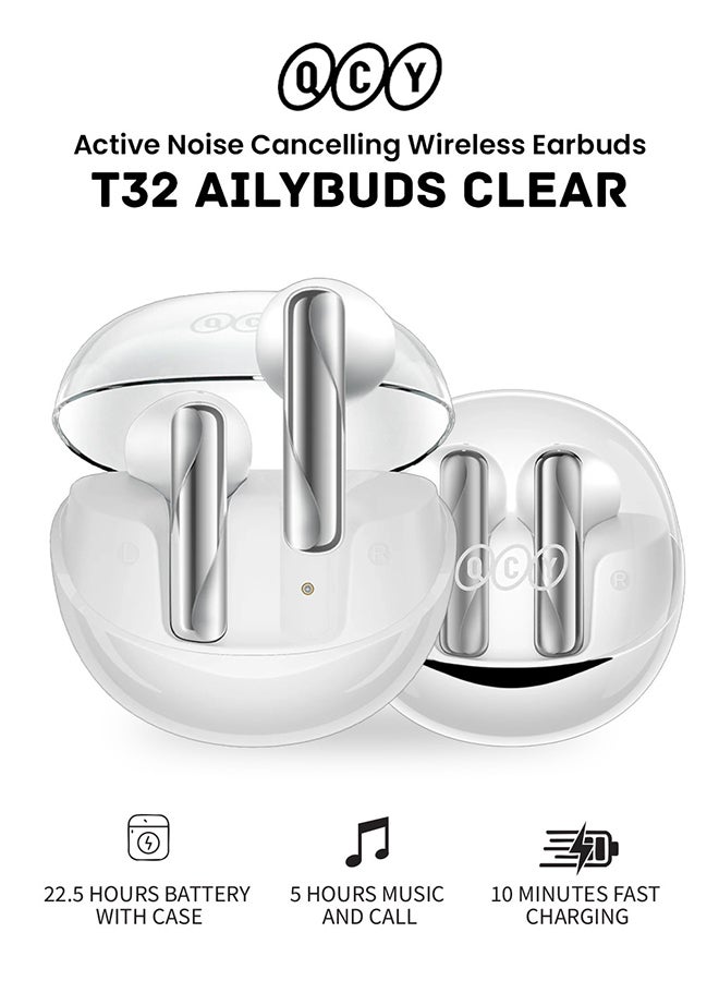 QT32 AilyBuds Clear Wireless Earbuds, 5.3 Bluetooth Connection, 13mm Drivers, Low Latency Mode, In-Ear Lightweight Design, 10-Minutes Quick Charge and 22.5 Hours Long Battery Life - white