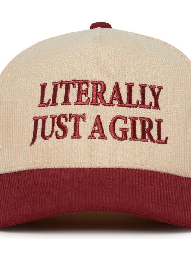 Funky Junque Two Tone Vintage Trucker Hats Men Women Corduroy Trendy Embroidered Baseball Cap Snapback Funny Gifts, Literally Just a Girl - Burgundy/Beige, One size - Image 1