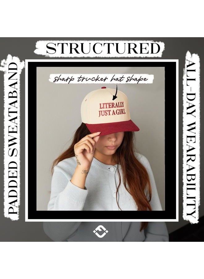 Funky Junque Two Tone Vintage Trucker Hats Men Women Corduroy Trendy Embroidered Baseball Cap Snapback Funny Gifts, Literally Just a Girl - Burgundy/Beige, One size - Image 5