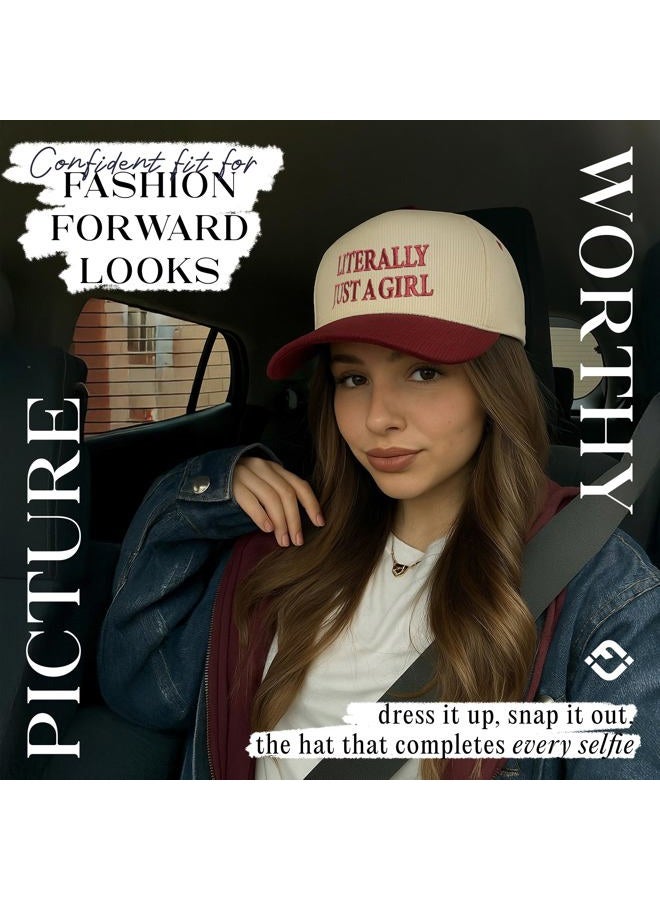 Funky Junque Two Tone Vintage Trucker Hats Men Women Corduroy Trendy Embroidered Baseball Cap Snapback Funny Gifts, Literally Just a Girl - Burgundy/Beige, One size - Image 2