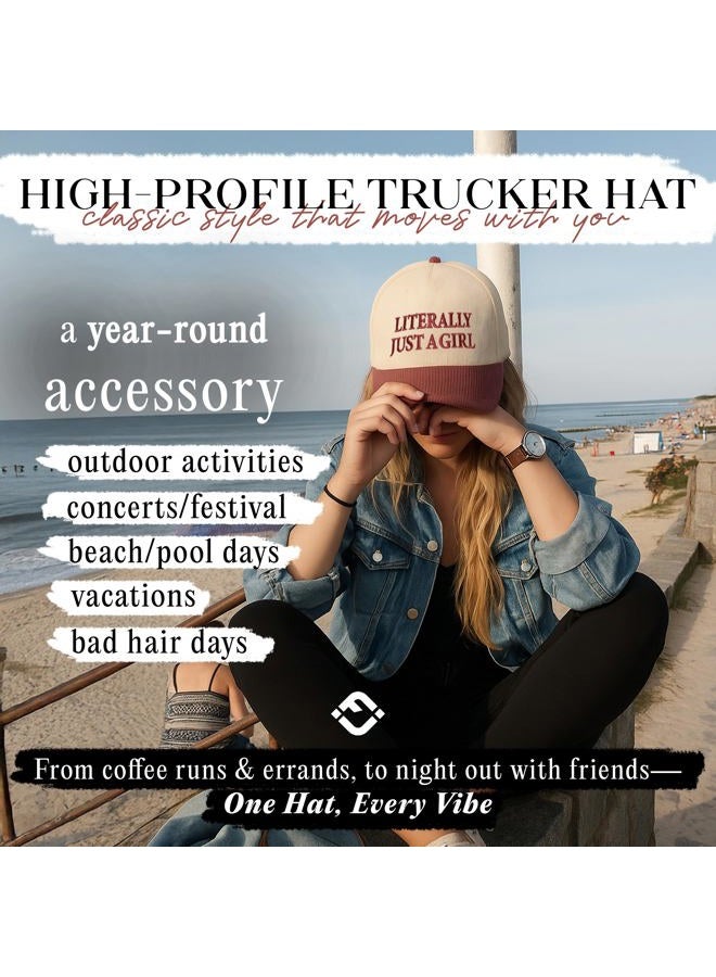 Funky Junque Two Tone Vintage Trucker Hats Men Women Corduroy Trendy Embroidered Baseball Cap Snapback Funny Gifts, Literally Just a Girl - Burgundy/Beige, One size - Image 4