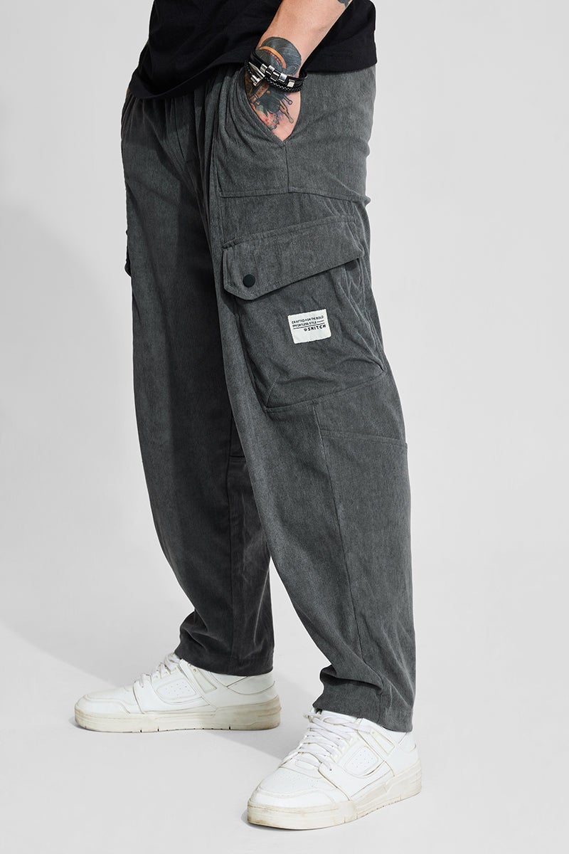 SNITCH Grey Relaxed Fit Corduroy Cargo Pants - Image 4