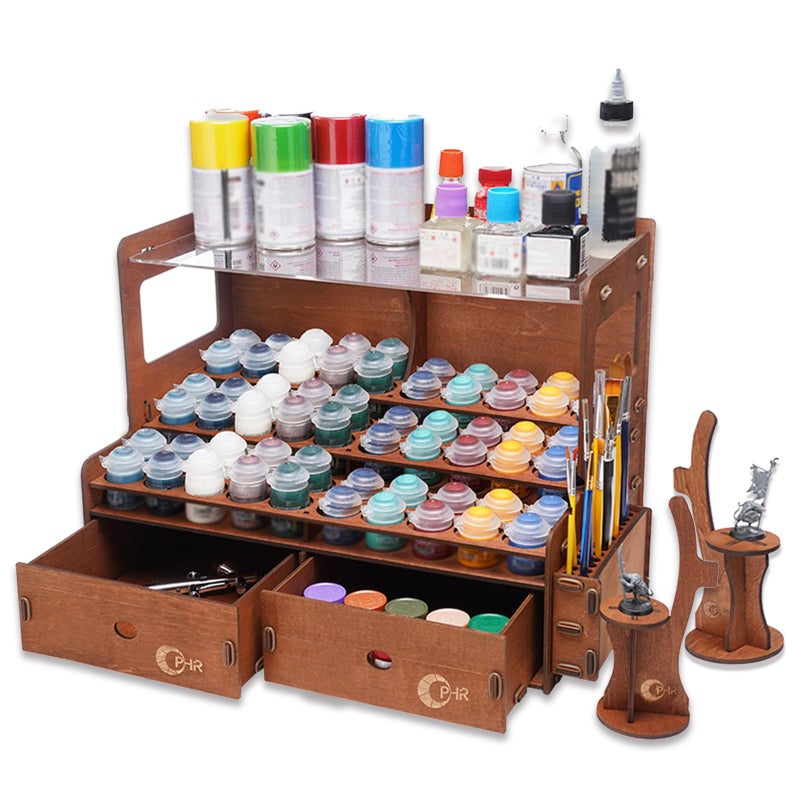 OPHIR Paint Rack for 60 Bottles and 32 Brushes, Wooden Acrylic Paint Organizer with 2 Brush Holder, 2 Miniature Painting Handles, 2 Drawers for Model Paints Bottle Organizer, Holes Dia.1.42 Inches - Image 1