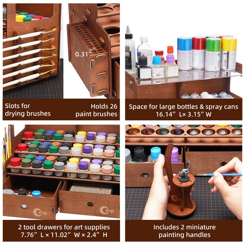 OPHIR Paint Rack for 60 Bottles and 32 Brushes, Wooden Acrylic Paint Organizer with 2 Brush Holder, 2 Miniature Painting Handles, 2 Drawers for Model Paints Bottle Organizer, Holes Dia.1.42 Inches - Image 4