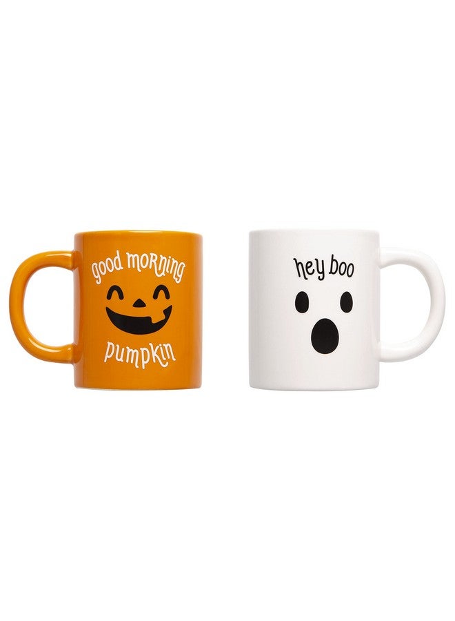 pearhead مجموعة أكواب هالوين من بيرهيد، صباح الخير يا قرع ومرحبًا بوح، أكواب سيراميك متطابقة، ملحقات ديكور منزل الخريف، 13 أونصة - Image 1