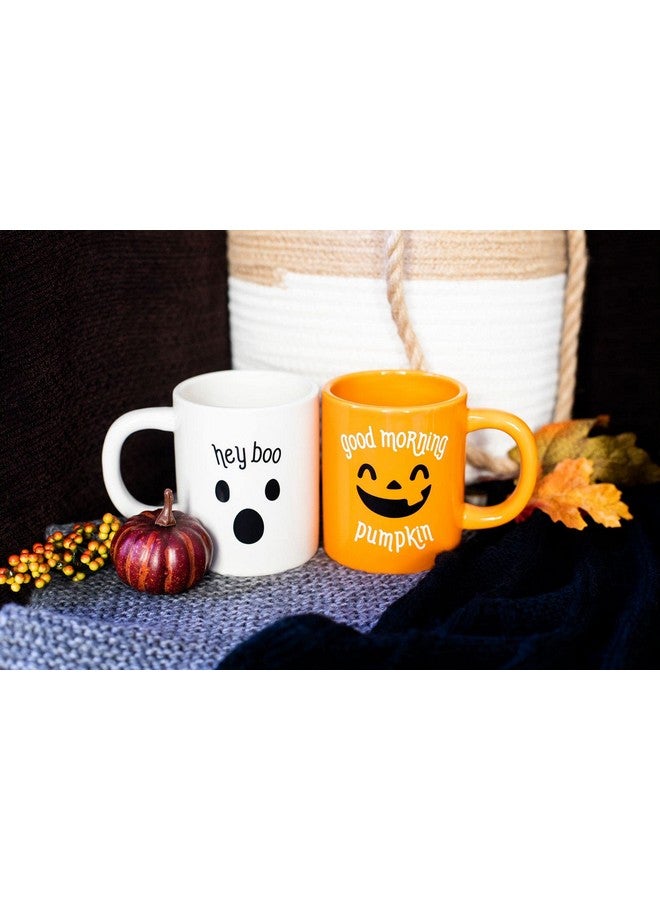 pearhead مجموعة أكواب هالوين من بيرهيد، صباح الخير يا قرع ومرحبًا بوح، أكواب سيراميك متطابقة، ملحقات ديكور منزل الخريف، 13 أونصة - Image 2
