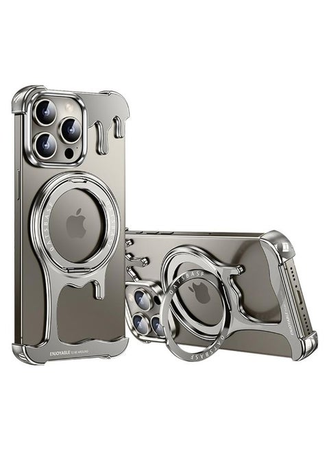 Case for iPhone 15 Pro Max, Liquid Metal Frame Magnetic Case with 360° Rotating Stand [Compatibility with Magsafe] Sleek and Frameless Design, Titanium,15 Pro Max