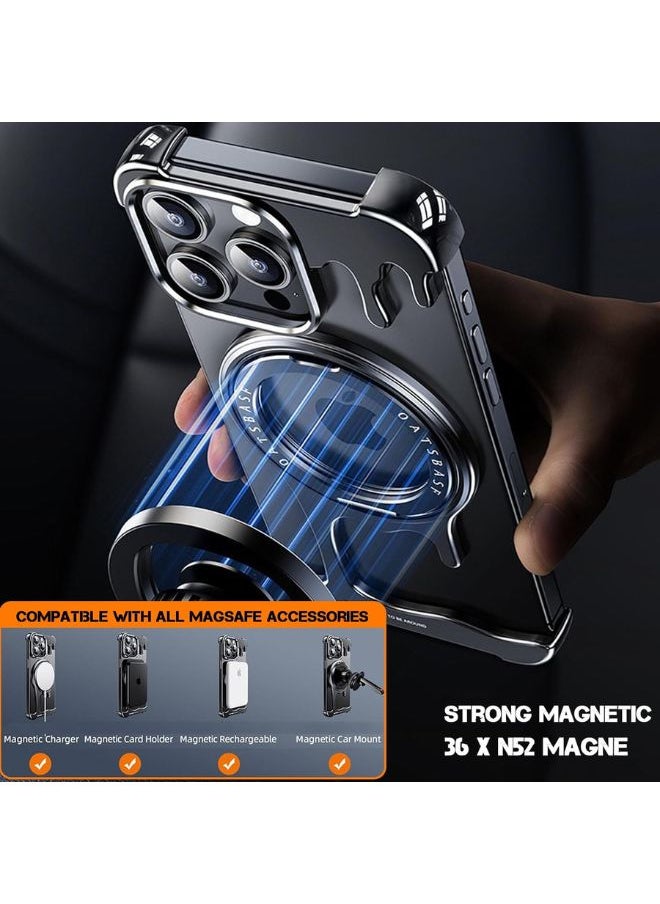 Case for iPhone 15 Pro Max, Liquid Metal Frame Magnetic Case with 360° Rotating Stand [Compatibility with Magsafe] Sleek and Frameless Design, Titanium,15 Pro Max