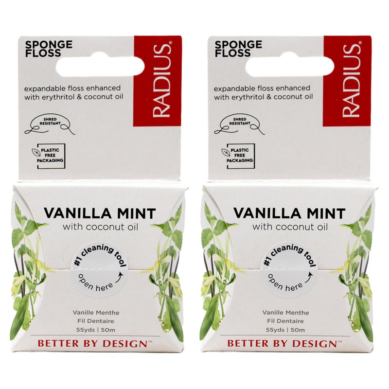 Radius Dental Floss Sponge Floss Vanilla Mint 55 Yards Vegan NonToxic Oral Care Designed to Help Fight Plaque Pack of 2