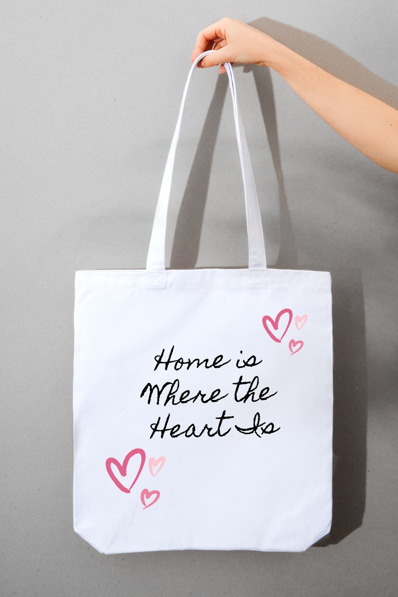 Canvas Tote Bag – “Home is Where the Heart Is” Printed Quote – Reusable & Stylish Shopper Bag for Everyday Use