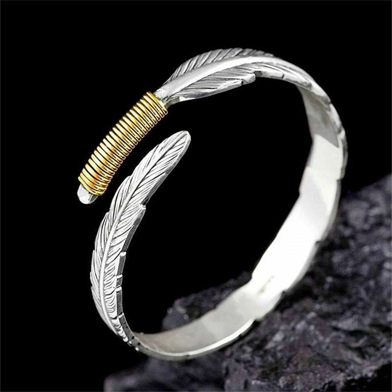 Beccalame Silver Feather Bracelet Lucky Hope Cuff Jewelry Simple Retro For Women Men (Style B) - Image 3