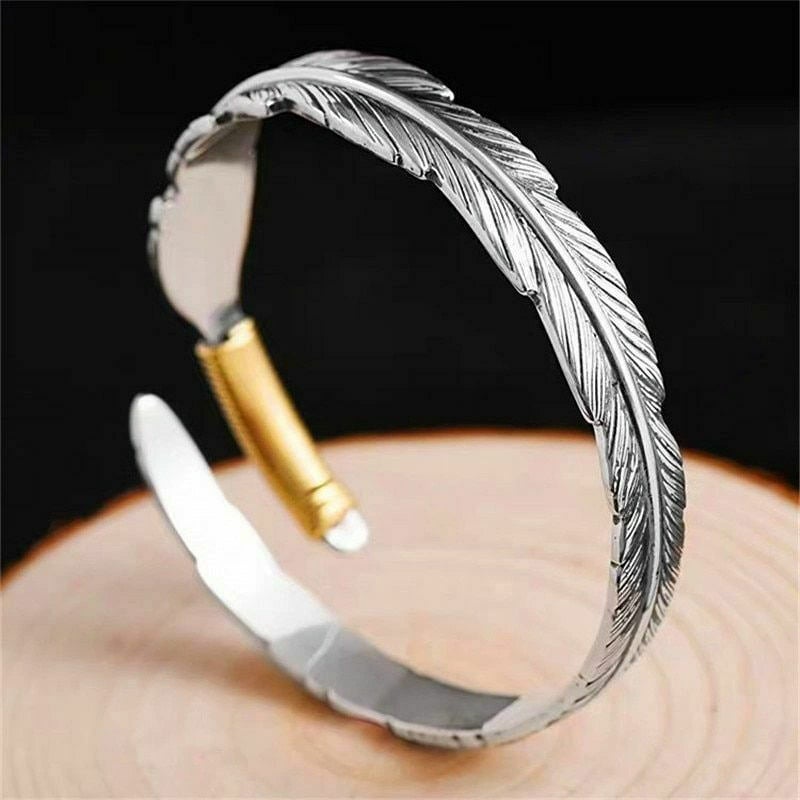 Beccalame Silver Feather Bracelet Lucky Hope Cuff Jewelry Simple Retro For Women Men (Style B) - Image 4