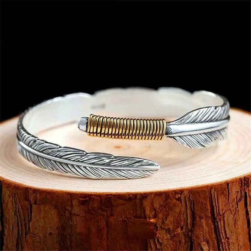 Beccalame Silver Feather Bracelet Lucky Hope Cuff Jewelry Simple Retro For Women Men (Style B) - Image 5