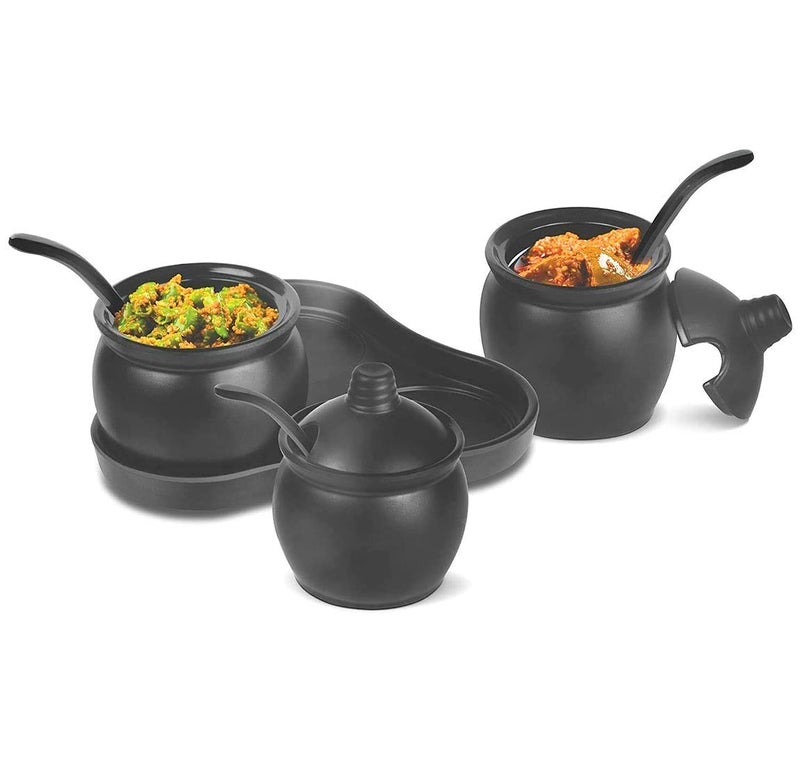 TAGROCK Melamine Pickle/Achaar Set for Dining Table with Spoons and Tray (Black) - Set of 3 Pieces - Image 1