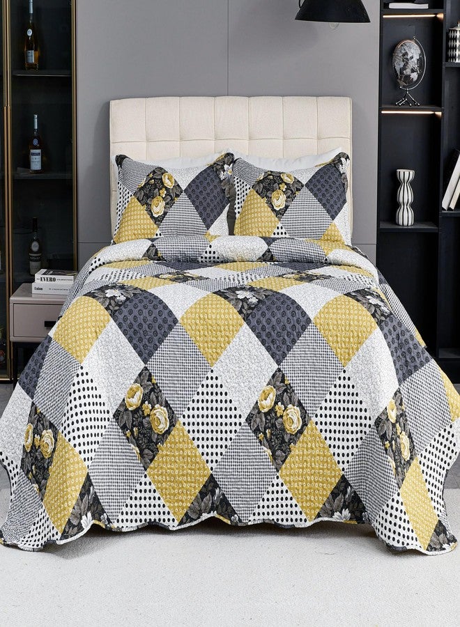 Cmfshape Summer Floral Queen Bedspread,Romantic Khaki Quilt Set Full,Reversible Stitched Bedding Set All Season,Soft Lightweight Coverlet with Pillow Cases (Khaki&Dark, Queen90 x90) - Image 2