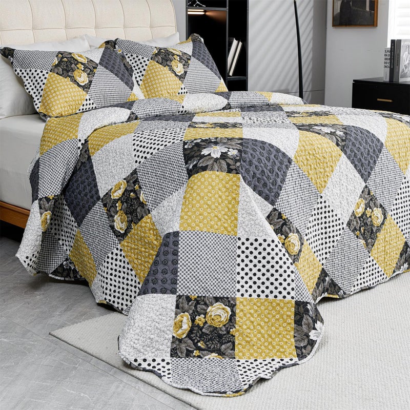 Cmfshape Summer Floral Queen Bedspread,Romantic Khaki Quilt Set Full,Reversible Stitched Bedding Set All Season,Soft Lightweight Coverlet with Pillow Cases (Khaki&Dark, Queen90 x90) - Image 1