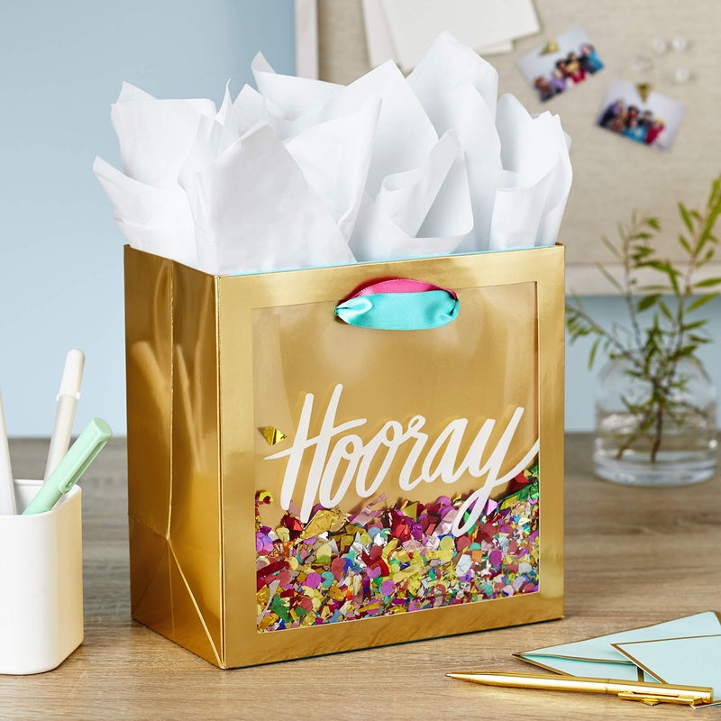 Hallmark Signature 7" Medium Gift Bag with Tissue Paper (Hooray; Gold with Pink, Teal, Purple Confetti) for Bridal Showers, Graduations, Retirements and More - Image 2