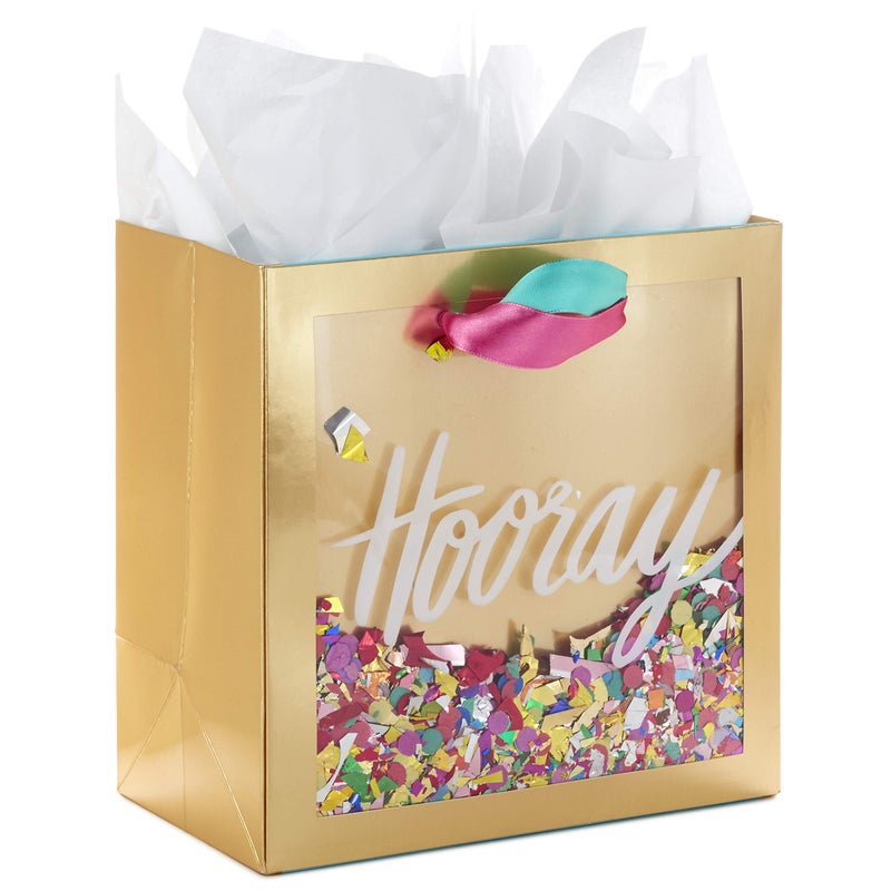 Hallmark Signature 7" Medium Gift Bag with Tissue Paper (Hooray; Gold with Pink, Teal, Purple Confetti) for Bridal Showers, Graduations, Retirements and More - Image 1