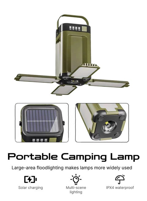 Portable Camping Lamp - Solar Charging, USB Power Bank, SOS Emergency Light, 6 Modes, IPX4 Waterproof, 266g Ultra-Light with Hook for Emergency, Camping, Hiking