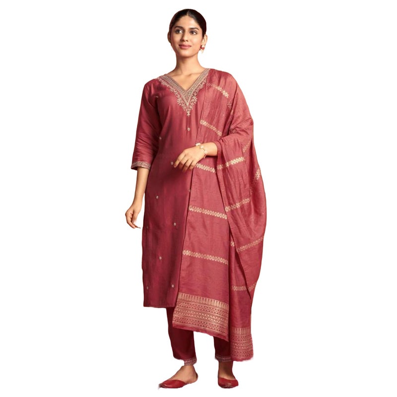 LookMark Women's Pure Cotton Straight Kurta Pant Dupatta Set with Elegant Embroidery - Perfect for Every Occasion (AZ-LM-OG-KS2104-S) Peach - Image 3