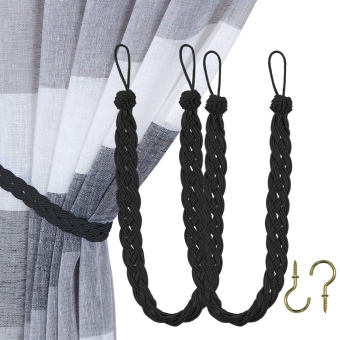HAND BRAIDED CURTAIN TIE BACK BUCKLE HOLDBACK DRAPERY CURTAIN TIEBACKS 2 ROPE BELT CURTAIN TIE WITH 2 METAL HOOKS BLACK