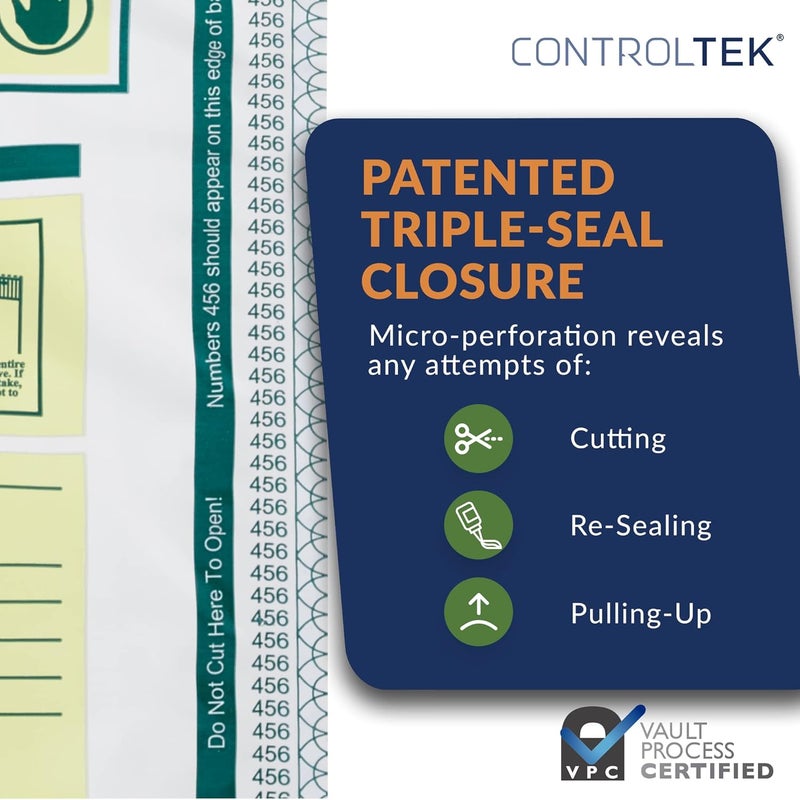 CONTROLTEK SafeLok 9" x 12", White, 100 Bags, Tamper-Evident Deposit Bags for Cash Handling & Valuables, Moisture, Heat and Cold Sensitive Ink, Tear-Off Receipt + Large Barcodes 585089 - Image 2