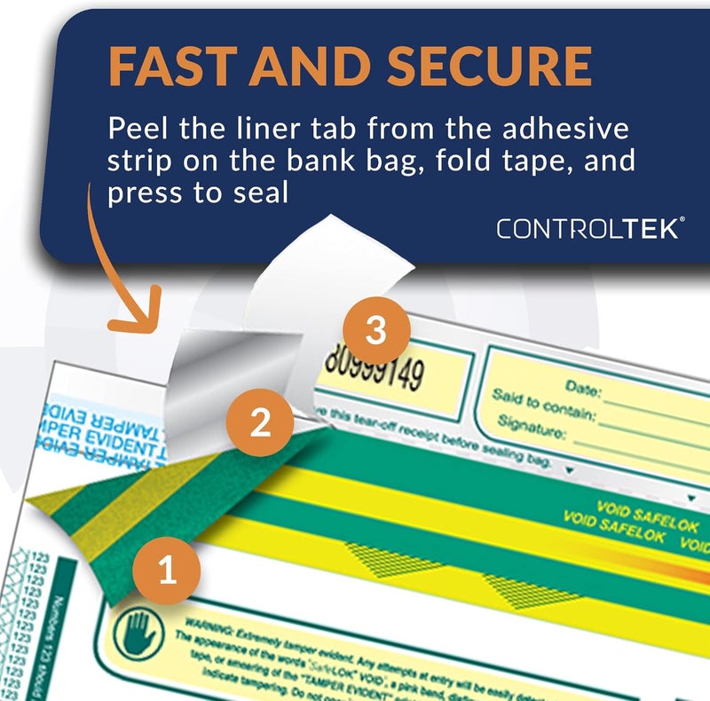 CONTROLTEK SafeLok 9" x 12", White, 100 Bags, Tamper-Evident Deposit Bags for Cash Handling & Valuables, Moisture, Heat and Cold Sensitive Ink, Tear-Off Receipt + Large Barcodes 585089 - Image 4