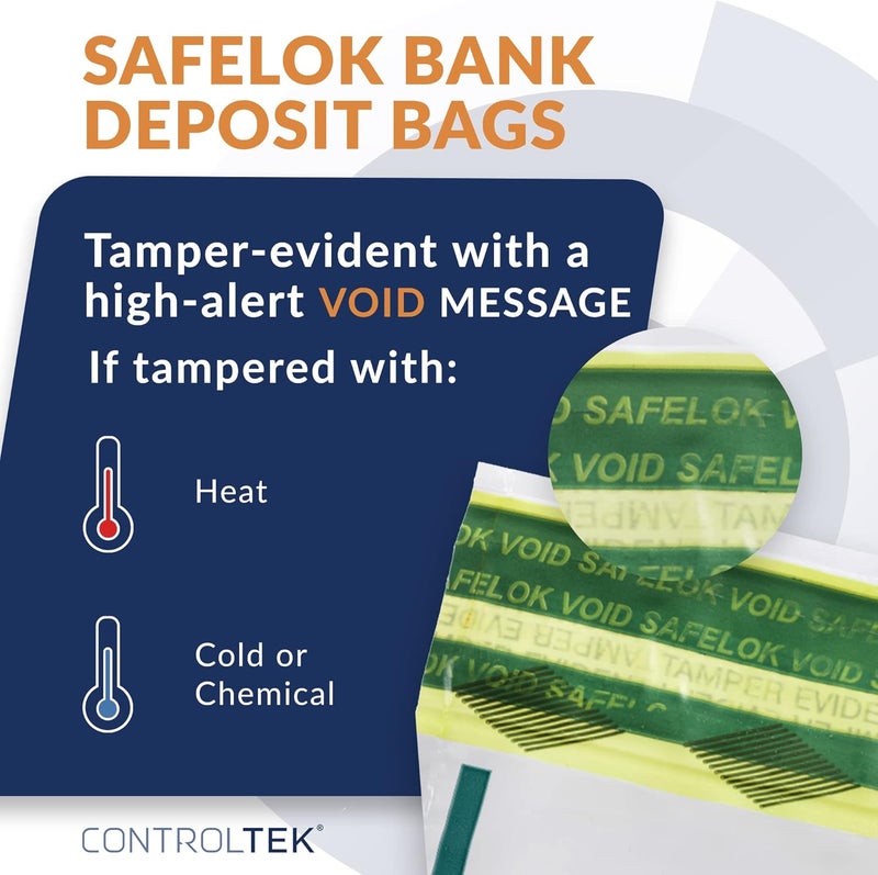 CONTROLTEK SafeLok 9" x 12", White, 100 Bags, Tamper-Evident Deposit Bags for Cash Handling & Valuables, Moisture, Heat and Cold Sensitive Ink, Tear-Off Receipt + Large Barcodes 585089 - Image 3