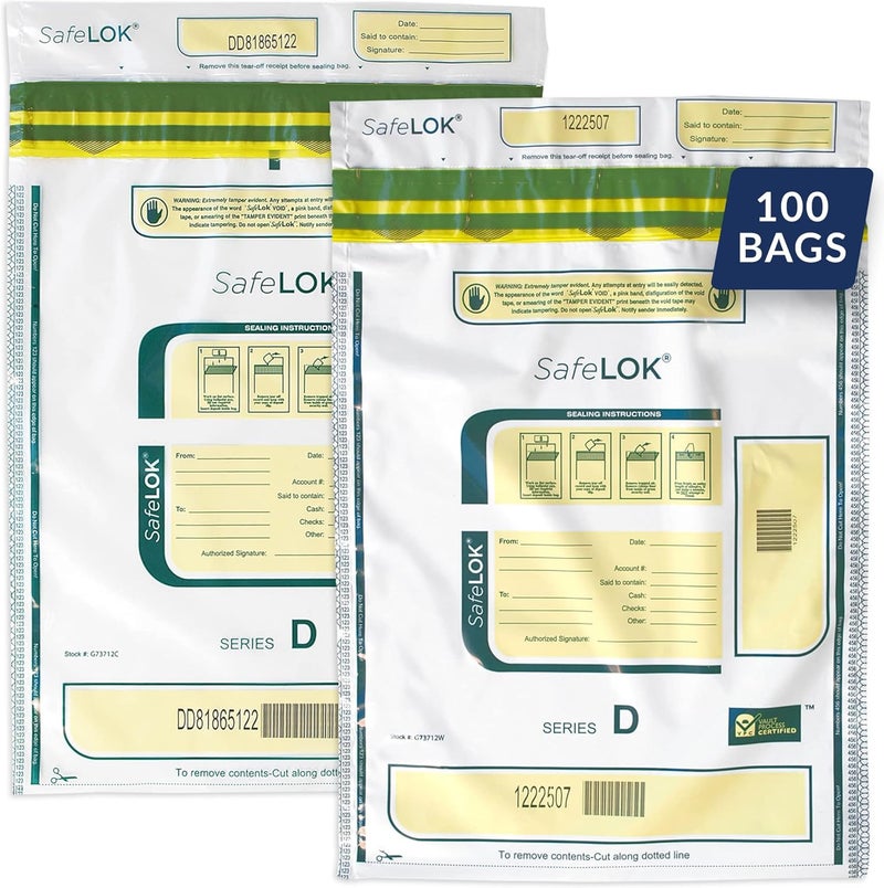 CONTROLTEK SafeLok 9" x 12", White, 100 Bags, Tamper-Evident Deposit Bags for Cash Handling & Valuables, Moisture, Heat and Cold Sensitive Ink, Tear-Off Receipt + Large Barcodes 585089 - Image 1