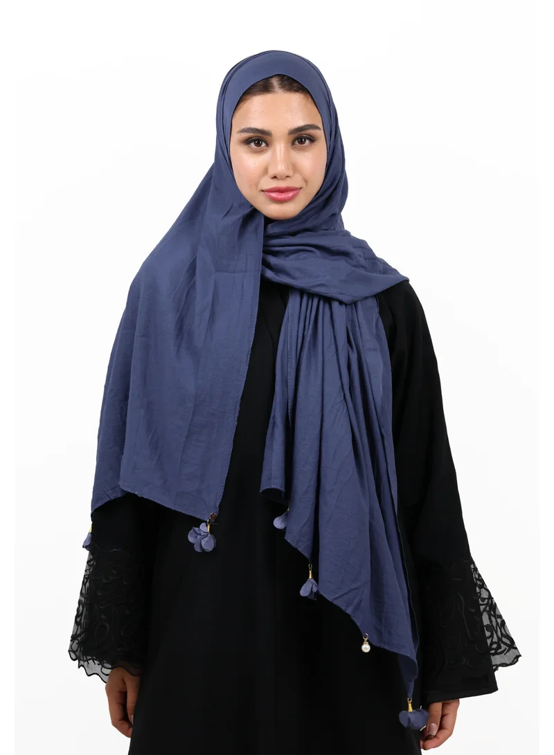 JAMEELA Premium Crinkle Cotton Scarf with Mixed Floral & Pearl Tassels (Slate Blue)