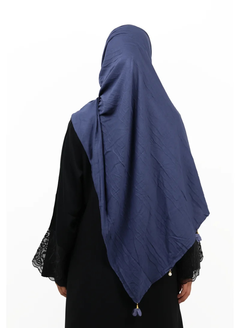 Jameela  Premium Crinkle Cotton Scarf with Mixed Floral & Pearl Tassels (Slate Blue) for Women | Best Price UAE