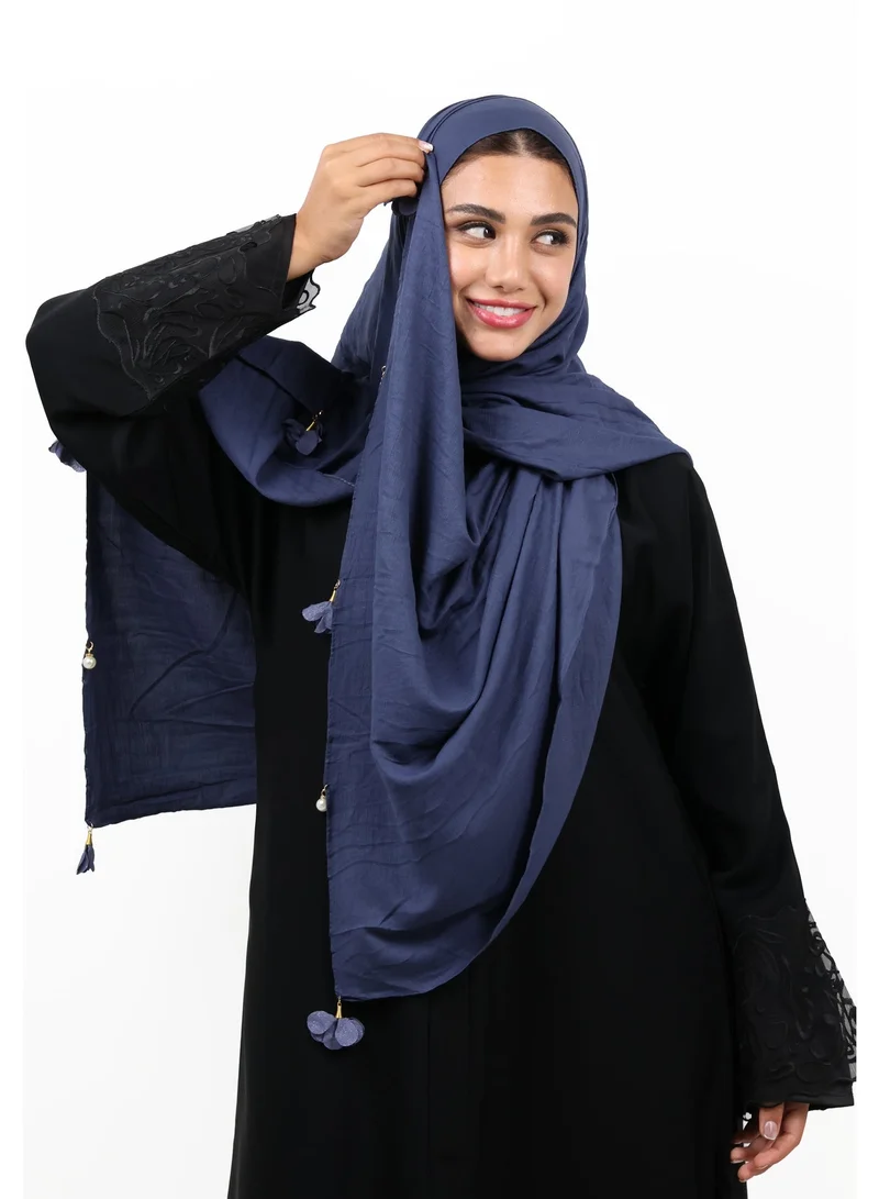 Jameela  Premium Crinkle Cotton Scarf with Mixed Floral & Pearl Tassels (Slate Blue) for Women | Best Price UAE