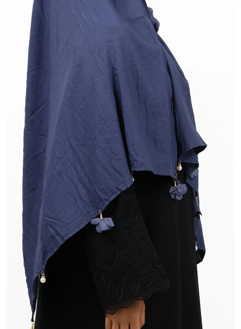 Jameela  Premium Crinkle Cotton Scarf with Mixed Floral & Pearl Tassels (Slate Blue) for Women | Best Price UAE