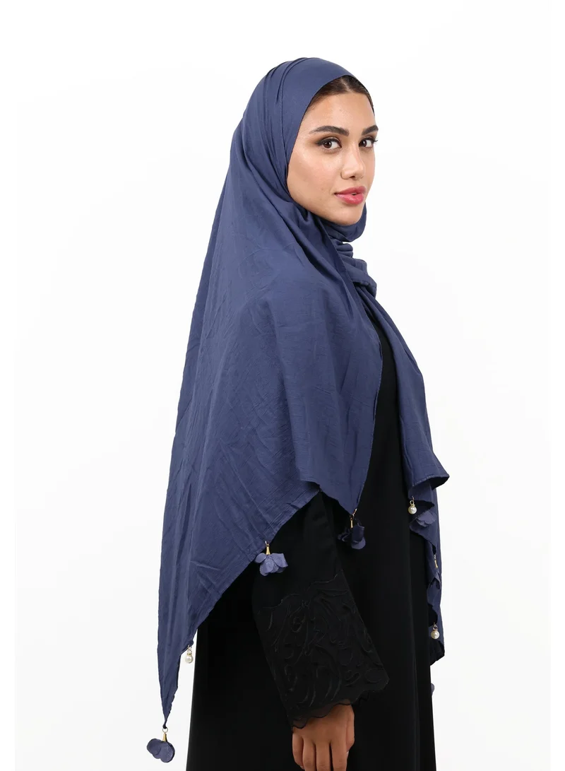 JAMEELA Premium Crinkle Cotton Scarf with Mixed Floral & Pearl Tassels (Slate Blue)