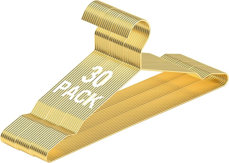 SPECILITE Metal Hangers 30 Pack Heavy Duty, Strong Wire Clothes Hangers with Notches, Space Saving Hangers Bulk for Standard Size Coats, Shirts, Suits, Pants, Shiny Gold - Image 1