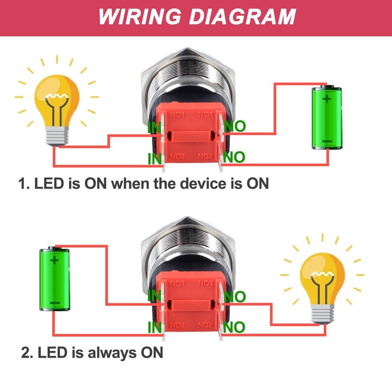 DMWD 22mm Heavy Duty Latching Metal Push Button Switch Waterproof Large Current 20Amp 12V-24V ON-OFF 2NO 4 Pins with Pre-wired Harness (Halo Ring Blue LED) - Image 5