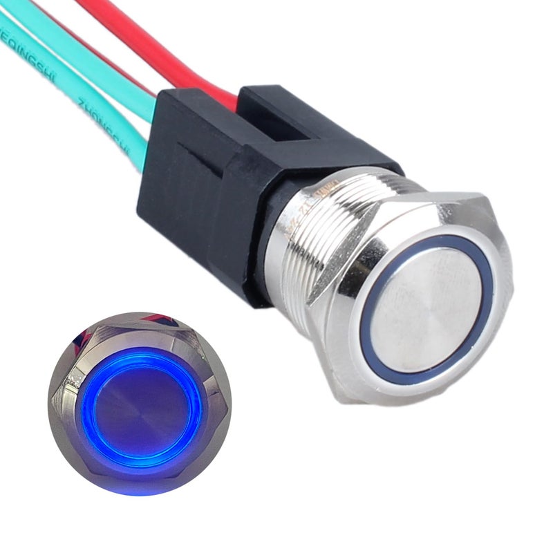 DMWD 22mm Heavy Duty Latching Metal Push Button Switch Waterproof Large Current 20Amp 12V-24V ON-OFF 2NO 4 Pins with Pre-wired Harness (Halo Ring Blue LED) - Image 1