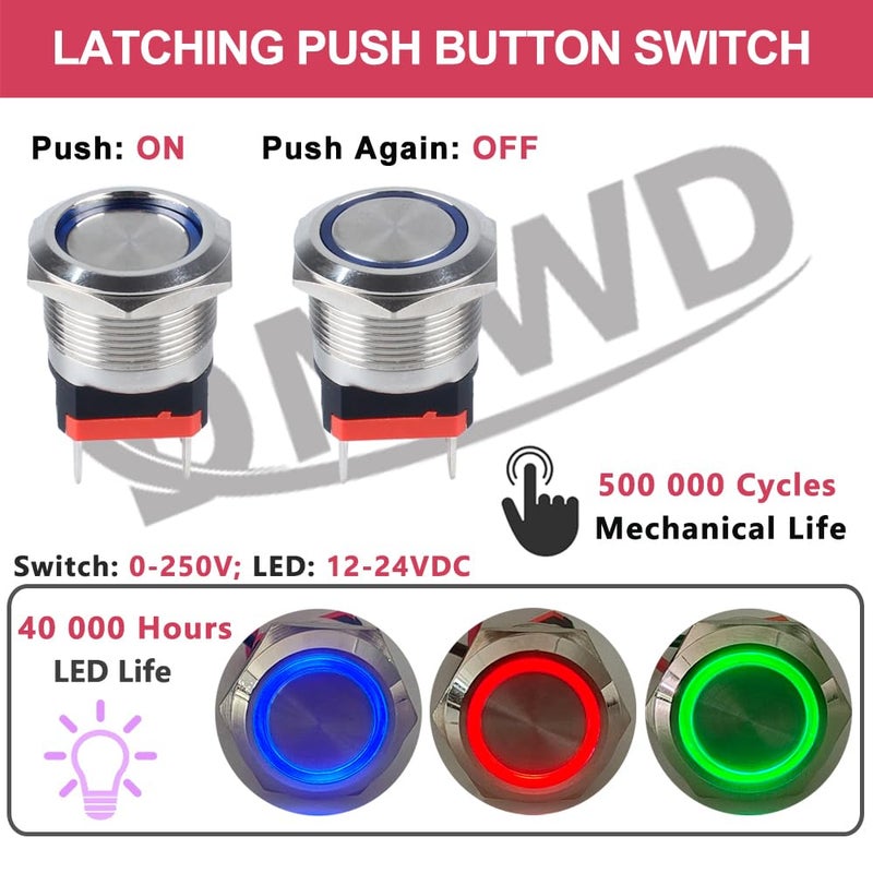 DMWD 22mm Heavy Duty Latching Metal Push Button Switch Waterproof Large Current 20Amp 12V-24V ON-OFF 2NO 4 Pins with Pre-wired Harness (Halo Ring Blue LED) - Image 2