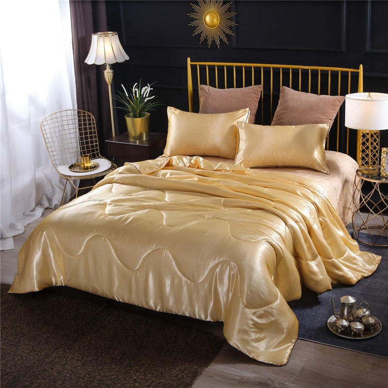 NTBED Sexy Silky Satin Comforter Sets Queen Golden Lightweight Soft Luxury Quilt 3Pieces Microfiber Bedding Set Yellow Gold Queen