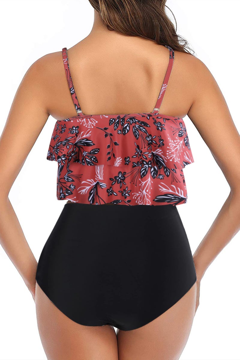 Adisputent Womens High Waisted Bathing Suits Flounce Halter Tankini Top Bikini Bottoms Tummy Control Modest Swimwear Two Piece Swimsuits Bikini Sets Red Floral L - Image 2