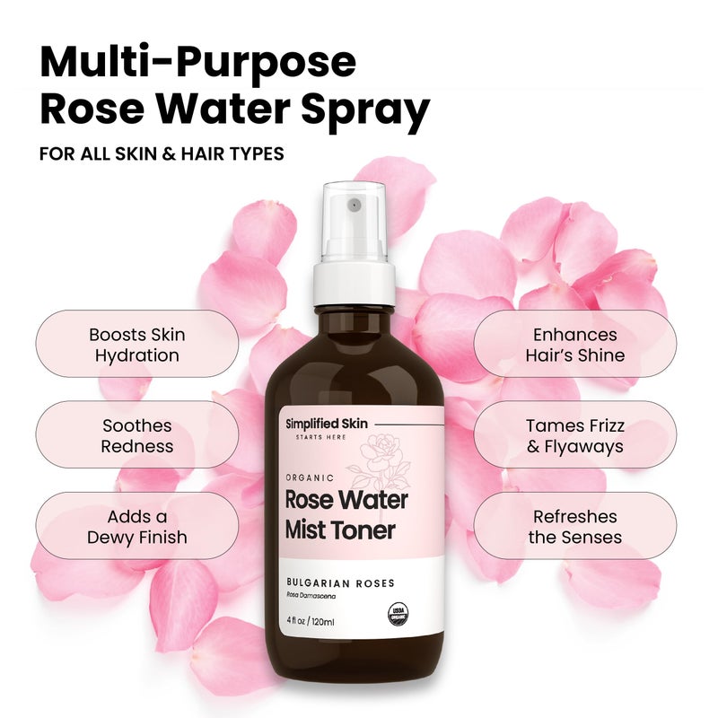 simplified skin Rose Water Spray for Face & Hair â€“ Pure USDA Organic Rosewater Toner â€“ Refreshing Mist for Skin Care, Makeup & Locs â€“ Natural Rose Scent, 4 Oz - Image 3