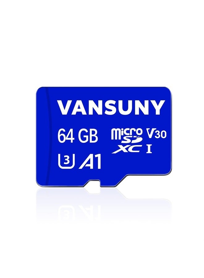 Vansuny بطاقة micro SD سعة 64 جيجابايت microSDXC مع محول SD أداء تطبيق A1 V30 لتسجيل الفيديو بدقة 4K C10 U3 micro SD للهاتف، كاميرا الأمن، كاميرا داش، كاميرا الحركة - Image 1