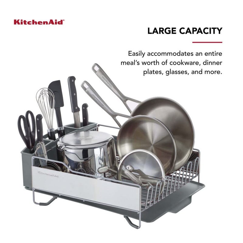 KitchenAid Large Capacity Full Size Rust Resistant Dish Rack with Angled Drain Board and Removable Flatware Caddy, Light Grey - Image 4
