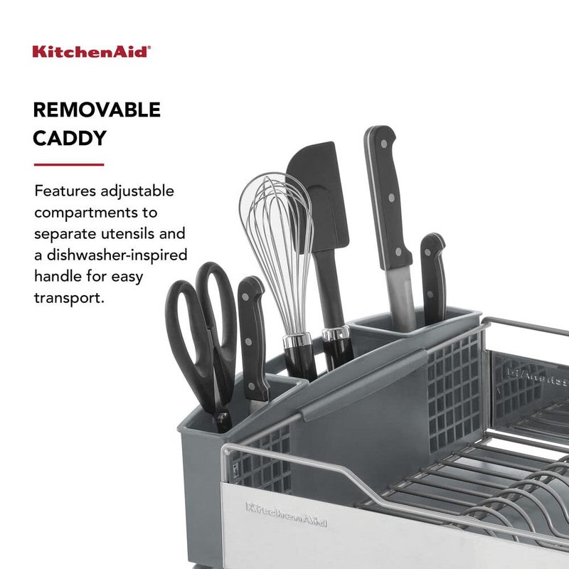 KitchenAid Large Capacity Full Size Rust Resistant Dish Rack with Angled Drain Board and Removable Flatware Caddy, Light Grey - Image 3