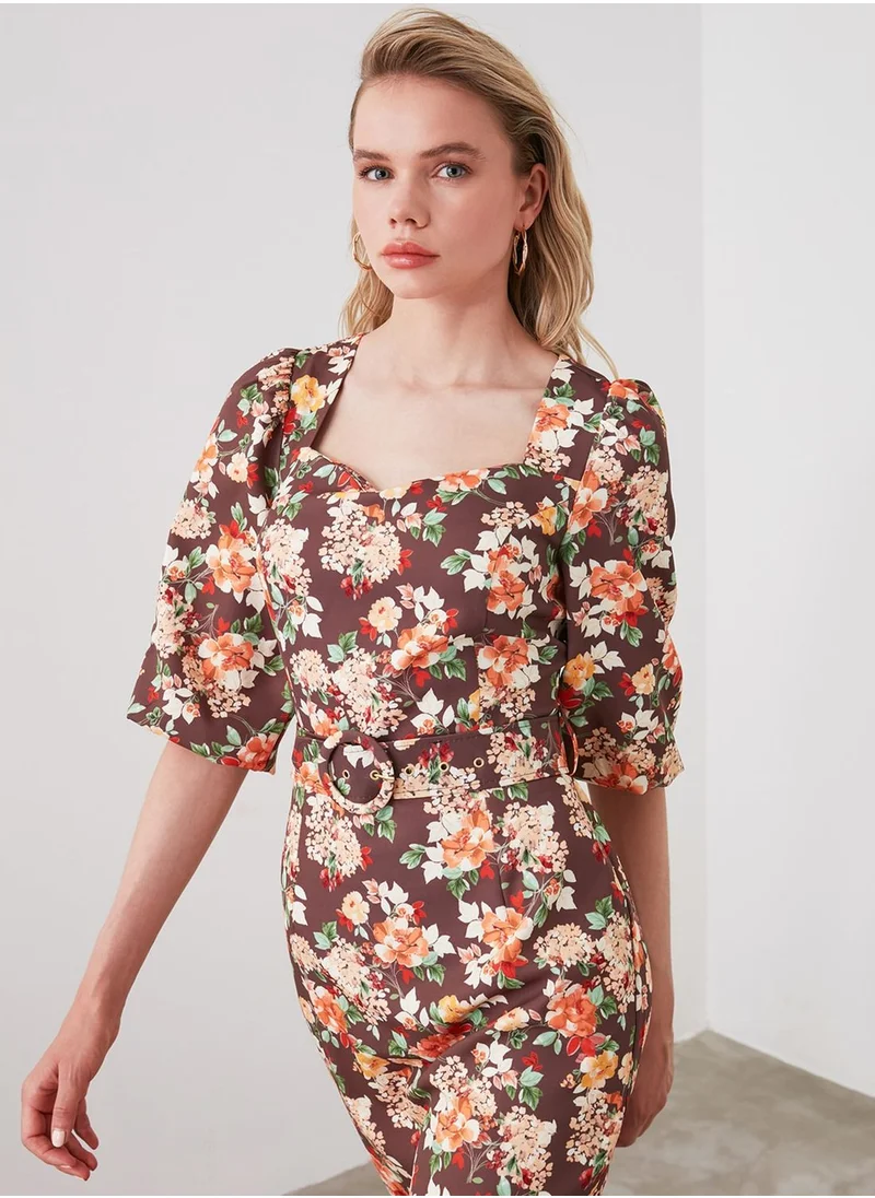 trendyol Puff Sleeve Floral Print Dress