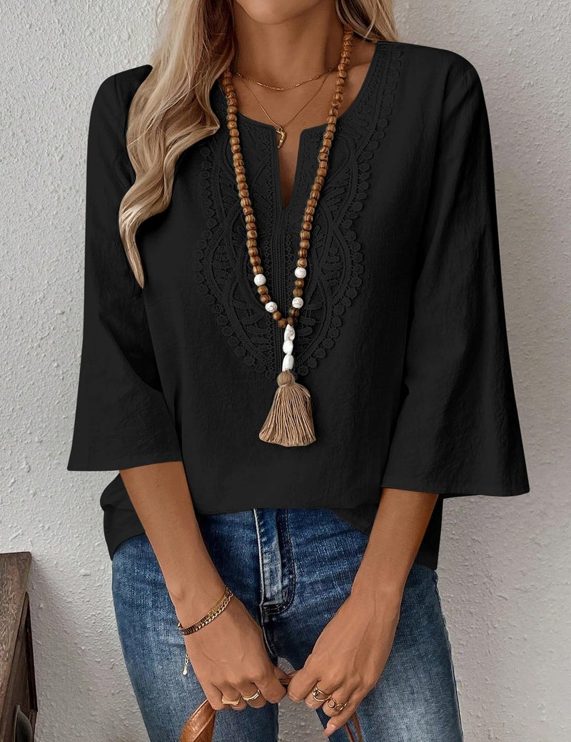 LOMON Womens 3/4 Sleeve Tops Cotton Linen Shirts V Neck Lace Casual Loose Fit Blouses Boho Fashion(Black,L) - Image 2